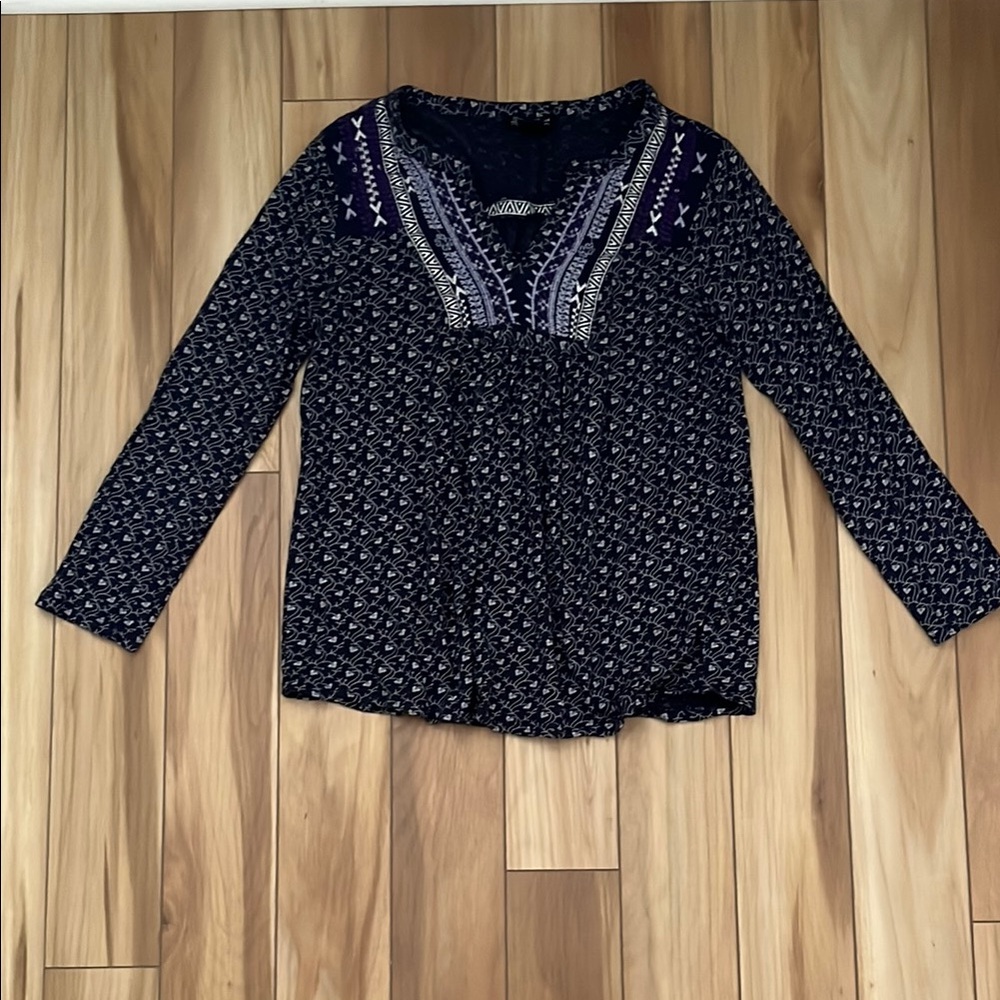 Lucky Brand Blue Relaxed Blouse with Bib Collar and Embellished Style